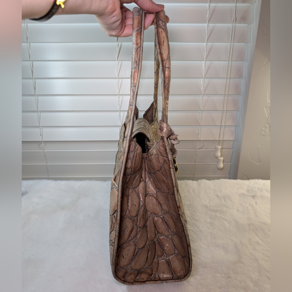 Vintage Brahmin Croc-Embossed Structured Leather Satchel | Beige | Gold Hardware - Picture 9 of 16